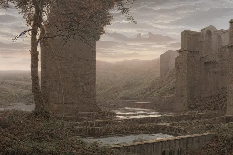 Image similar to intricate, 3 d, vast abandoned dam, style by caspar david friedrich and wayne barlowe and ted nasmith.