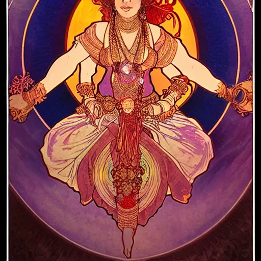 Image similar to hindu goddess of firespinning, by alphonse mucha, burning man, fire poi, fire staff, tesseract, intricate