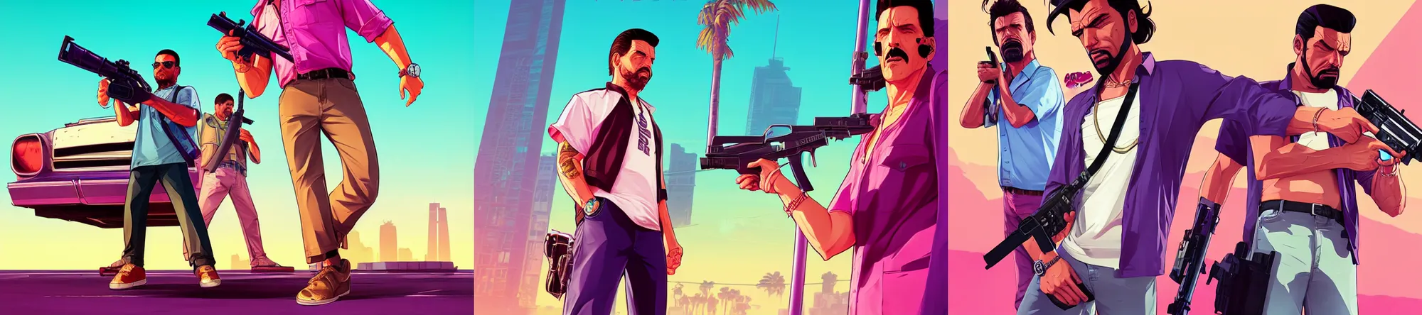 Prompt: gta vice city cover art, borderlands style, celshading, trending on artstation, by rhads, andreas rocha, rossdraws, makoto shinkai, laurie greasley, lois van baarle, ilya kuvshinov and greg rutkowski