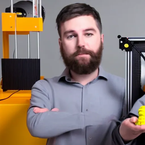 Prompt: josef prusa showing prusa 3 d printer high end photoshoot