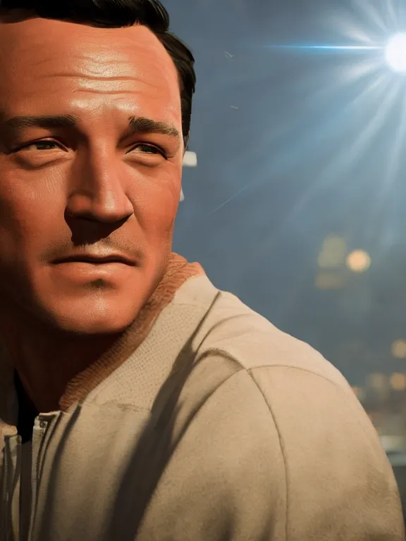 Image similar to portrait art of Gene Kelly 8k ultra realistic , lens flare, atmosphere, glow, detailed,intricate, full of colour, cinematic lighting, trending on artstation, 4k, hyperrealistic, focused, extreme details,unreal engine 5, cinematic, masterpiece