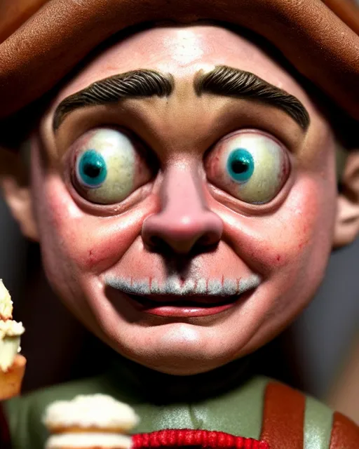 Image similar to highly detailed closeup, face profile portrait of a tin toy leonardo dicaprio as a medieval goblin eating cakes in a castle, hyper realistic, artstation, illustration, nicoletta ceccoli, mark ryden, lostfish, dan decarlo, bob clampett, max fleischer, digital paint, matte paint, vivid colors, detailed and intricate environment