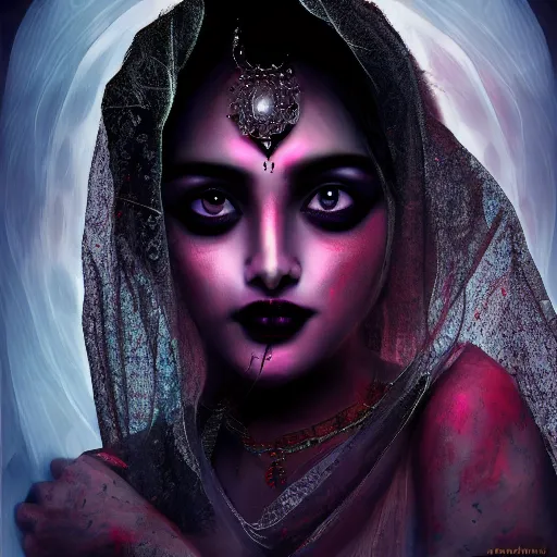 Prompt: beautiful Hindu lady of the dark with veil, in darkness, cover with blood, horror terrifying, soft light, surreal realistic, photorealistic, hyper details, full HD, 8k!