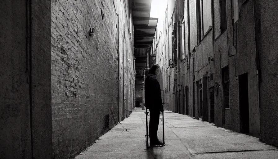 Prompt: photorealistic 1 6 mm, f / 1. 4, iso 2 0 0, shutter speed 2, on tripod. focused on a person standing in a long dark alleyway. in - between two tall buildings. light spilling from small windows lighting up their sides