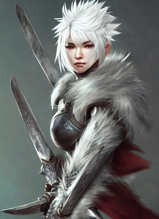 Image similar to warrior, fur - lined armor!!! beautiful and gorgeous white haired female!! monster hunter!! character concept art, sharp focus, octane render! unreal engine 5! highly rendered!! trending on artstation!! detailed linework!! illustration by artgerm, wlop, and chie yoshii