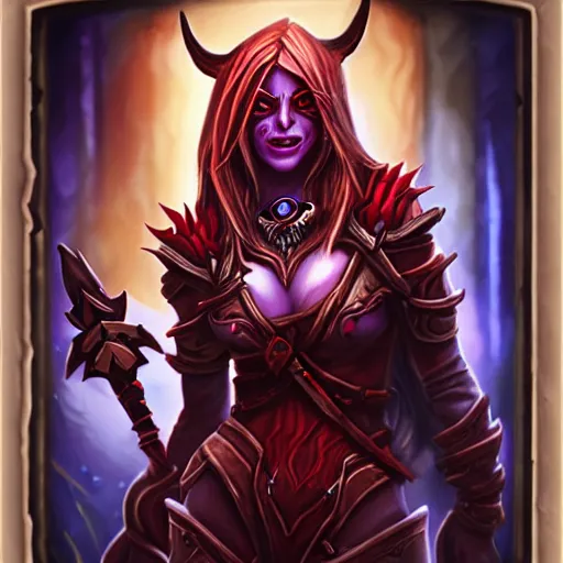 Image similar to Sylvanas with red skin, hearthstone art