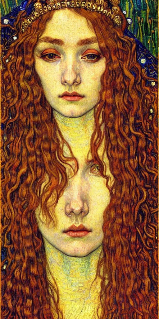 Image similar to detailed realistic beautiful young medieval queen face portrait by jean delville, gustav klimt and vincent van gogh, art nouveau, symbolist, visionary, gothic, pre - raphaelite, muted earthy colors, desaturated