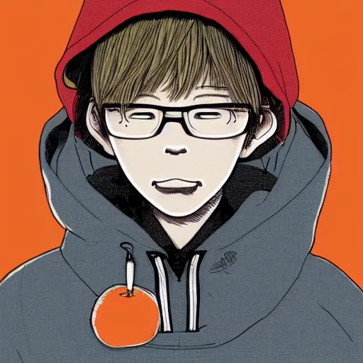 Image similar to a colorful portait of a boy with an orange hoodie made by inio asano, detailed