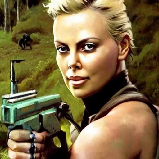 Prompt: ultra realistic portrait painting of charlize theron playing paintball, art by frank frazetta, 4 k, ultra realistic, highly detailed, epic lighting.