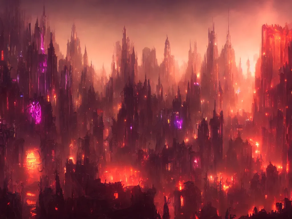 Prompt: an intimidating demon fantasy city with bright lights all in the city, painting, digital art by greg ruthowski and raphael lacoste and andreas rocha, trending on artstation, 8 k, wallpaper