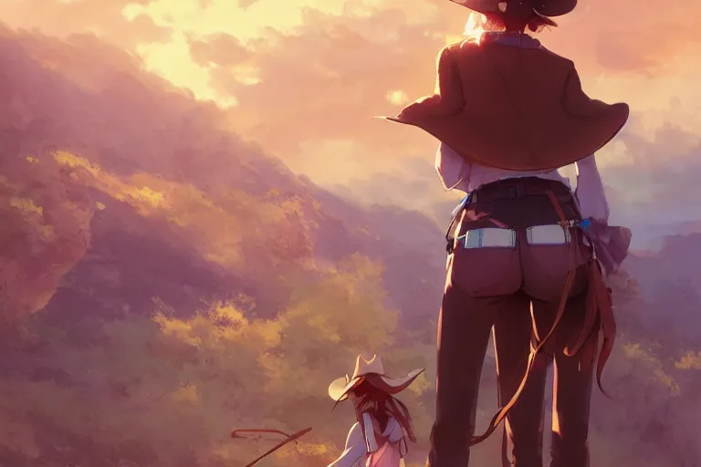 Image similar to cowgirl western girlfriend, scenic full shot, ambient lighting, detailed face, by makoto shinkai, stanley artgerm lau, wlop, rossdraws