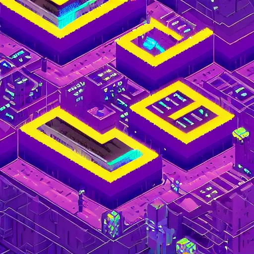 Prompt: pixel art cyberpunk city by beeple, purple and blue, neon lights