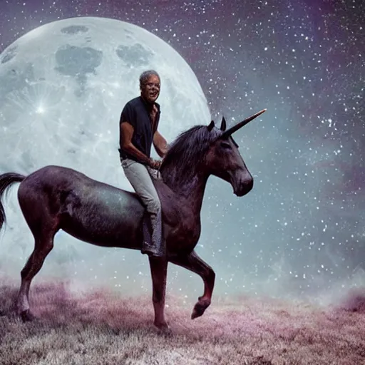 Prompt: close photo of morgan freeman riding an unicorn, in the middle of a forest, in the moonlight, night realism, 4 k, octane render, award winning photograph