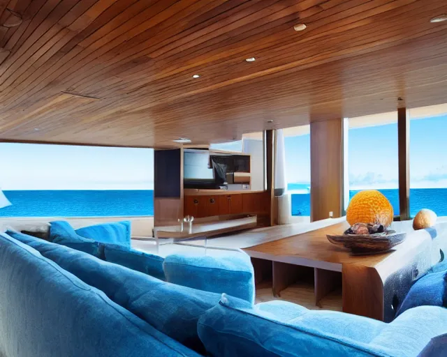 Prompt: A modern living room in the middle of the ocean, a luxurious wooden coffee table with large seashells on it, A huge television, amazing detail, 8k resolution, blue color, calm, relaxed style, harmony, wide angle shot