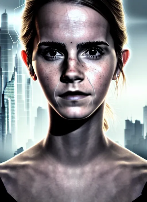 Image similar to 3 / 4 portrait, emma watson, crown, transparent skin, muscle, bones, veins, nerves, hyperrealism, detailed, photorealistic, cyberpunk apocalyptic city, futuristic, ultra realistic, cinematic, intricate, cinematic light, unreal engine 8 k, octane render, unreal engine by charlie bowater, david kostic, stanley lau, artgerm