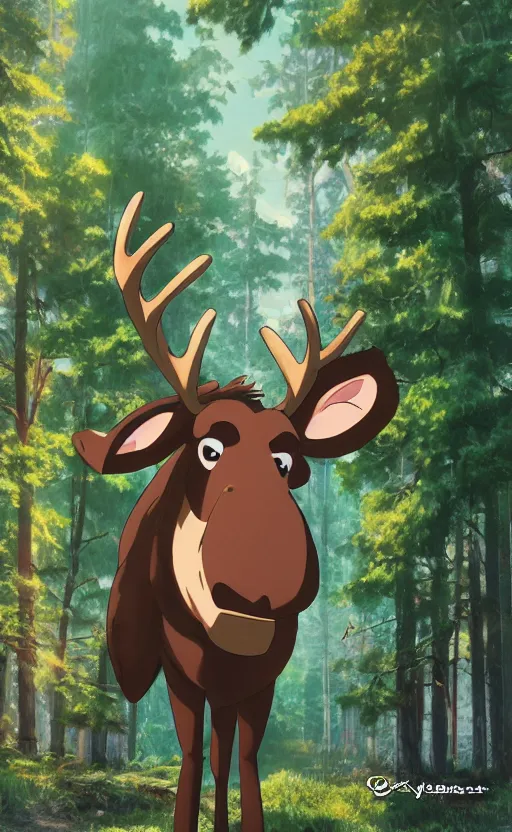 Prompt: pixar moose in japanese pines, trading card front, kimono, realistic anatomy, cosplay photo, professional, by ufotable anime studio, green screen, volumetric lights, stunning, sun in the background, generate realistic face, pretty eyes,