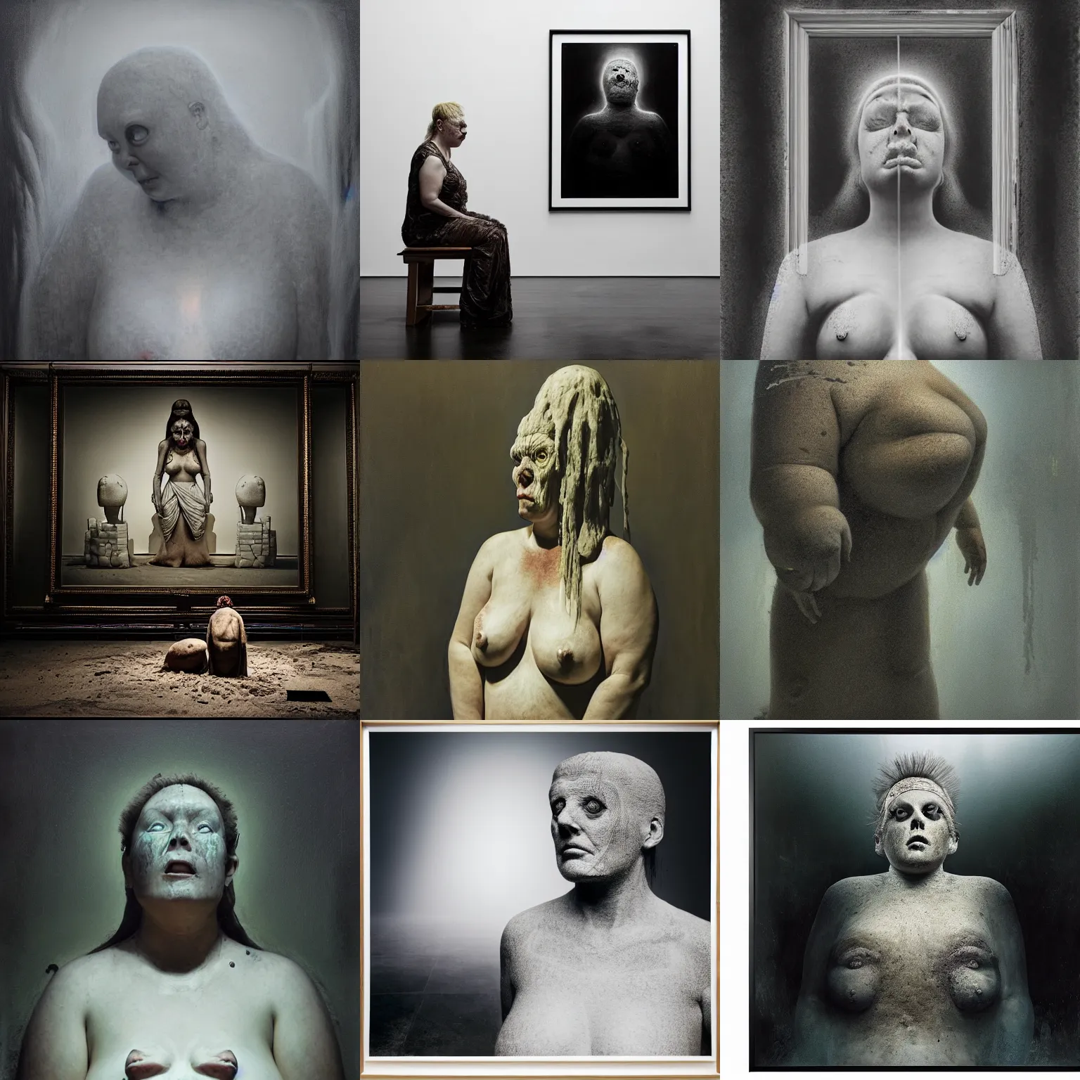 Prompt: portrait of big sumoringer as despair from sandman in a white void with empty frames all around her, venus of willendorf, by jeremy mann, by gregory crewdson, white room, soft lightning, high detailed, 8 k
