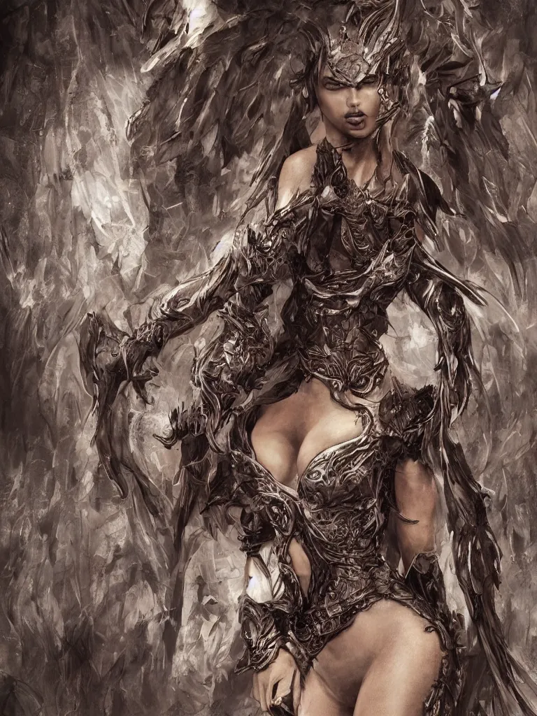 Image similar to 8K render! beautiful Adriana Lima in Skyrim MOD Angel Armor, wings wide opened , whole body heavily covered in elfish tattoos , intricate, elegant, highly detailed, digital painting, artstation, wallpaper!, concept art, smooth, sharp focus, high fantasy illustration, art by artgerm and Vasylina, and Peter Andrew Jones