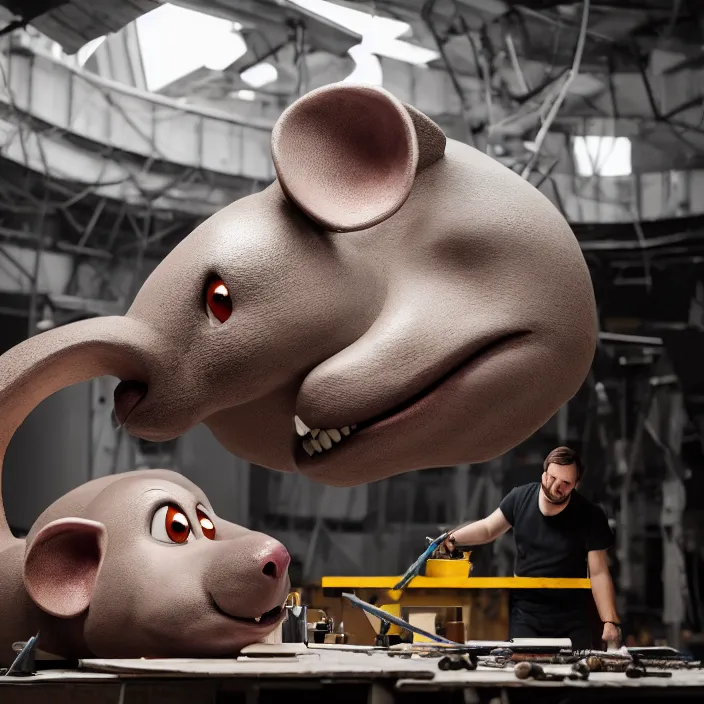 Image similar to crew of humans building giant mouse head in workshop, octane render, 4 k ultra hd, hyper - detailed, realistic, sharp focus, in style of beeple