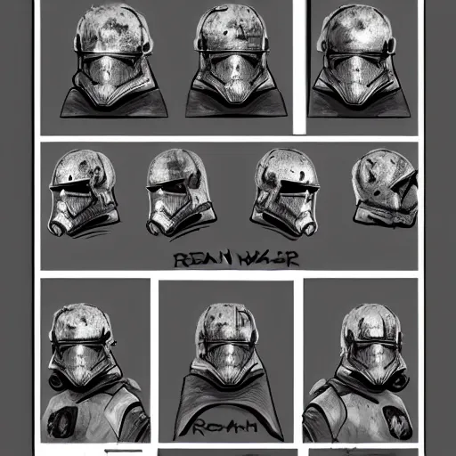 Prompt: ryan church concept art sketch star wars zombie storm trooper character reference sheet cracked helmet damaged armor exposed mouth