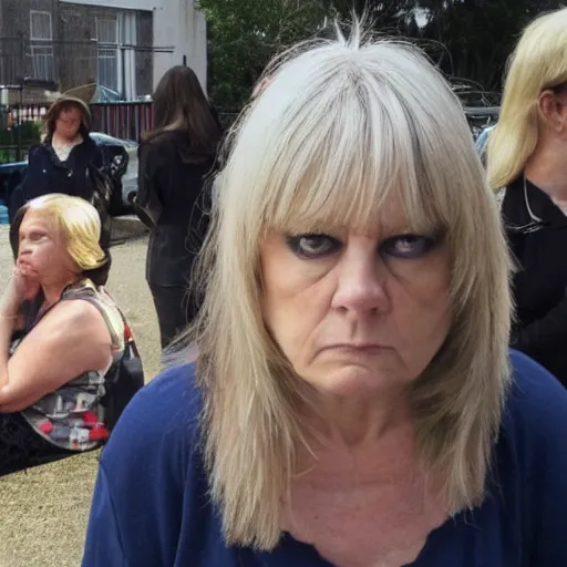 Image similar to photo of karen disapproving of you, scowl, confused onlookers