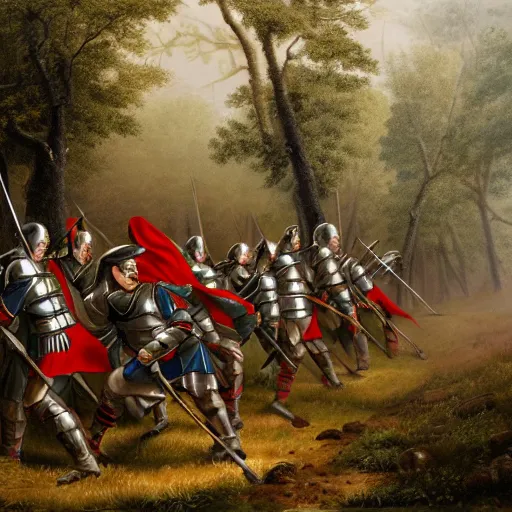 Image similar to soldiers with shields and swords and bows! hiding behind trees! on an elevated hill in a! misty, foggy! forest looking down on a army of gladiators with red capes, walking on a path through the forest below them.! shiny swords, well equiped. painting by eugene de lacroix, 4 k, realistic, anatomically correct, beautiful