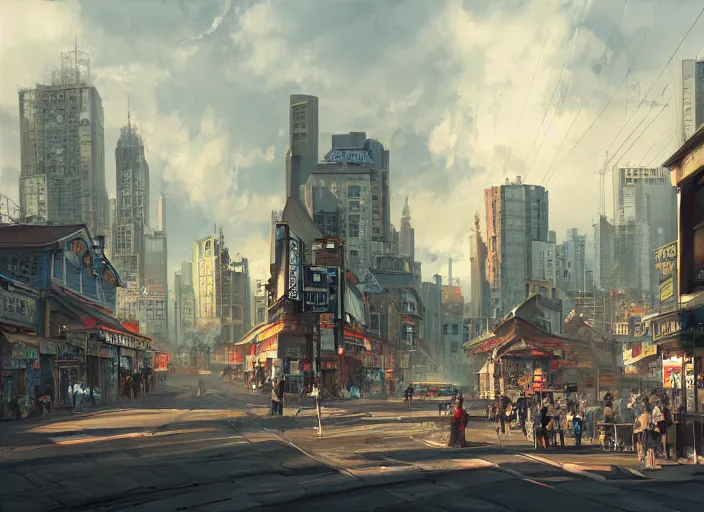 Image similar to a painting of a city street with buildings and signs, a detailed matte painting by ji sheng, cgsociety, american scene painting, anime aesthetic, y 2 k aesthetic, cityscape