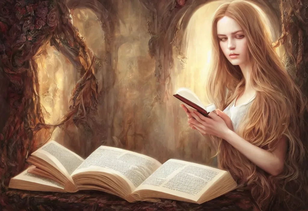 Image similar to a girl reading a book, hair flowing down, 8 k, hyperrealistic, hyperdetailed, fantasy portrait by laura sava, singular woman