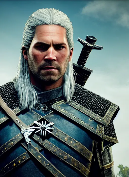 Image similar to film still of paul walker as geralt of rivia in the witcher 3, gameplay, 8 k, hd