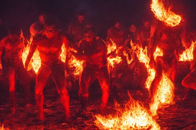 Prompt: a cinematic wide angle photograph of a group of mutants made entirely of fire walking through a vast serene landscape, beautiful lighting, high depth, ultra realistic, artistic, by zack snyder and john harris