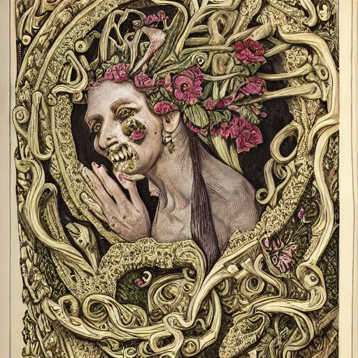 Image similar to a beautiful detailed front view baroque portrait of a rotten woman corpse with fractal plants and fractal flowers and mushrooms growing around, intricate, symmetrical, ornate, ornamentation, bones, illustration, in the style of art nouveau