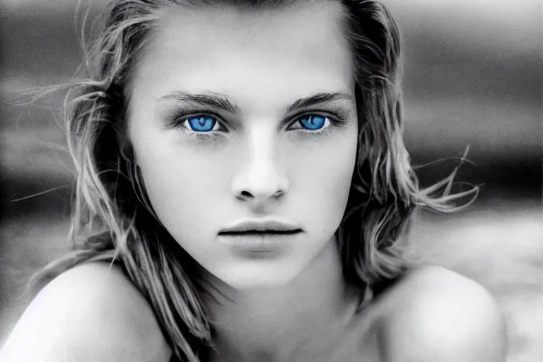 Image similar to close up portrait photography of a beautiful model with bright blue eyes standing in front of ocean, 35mm, kodak film photo, Patrick Demarchelier