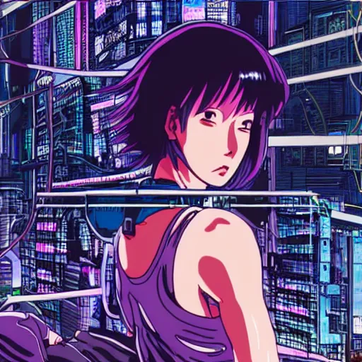 Image similar to beautiful cyberpunk anime style illustration of motoko kusanagi seen from behind, seated on the floor in a tech labor with her back open showing a complex mess of cables and wires coming out of her head, by masamune shirow and katsushiro otomo, studio ghibli color scheme