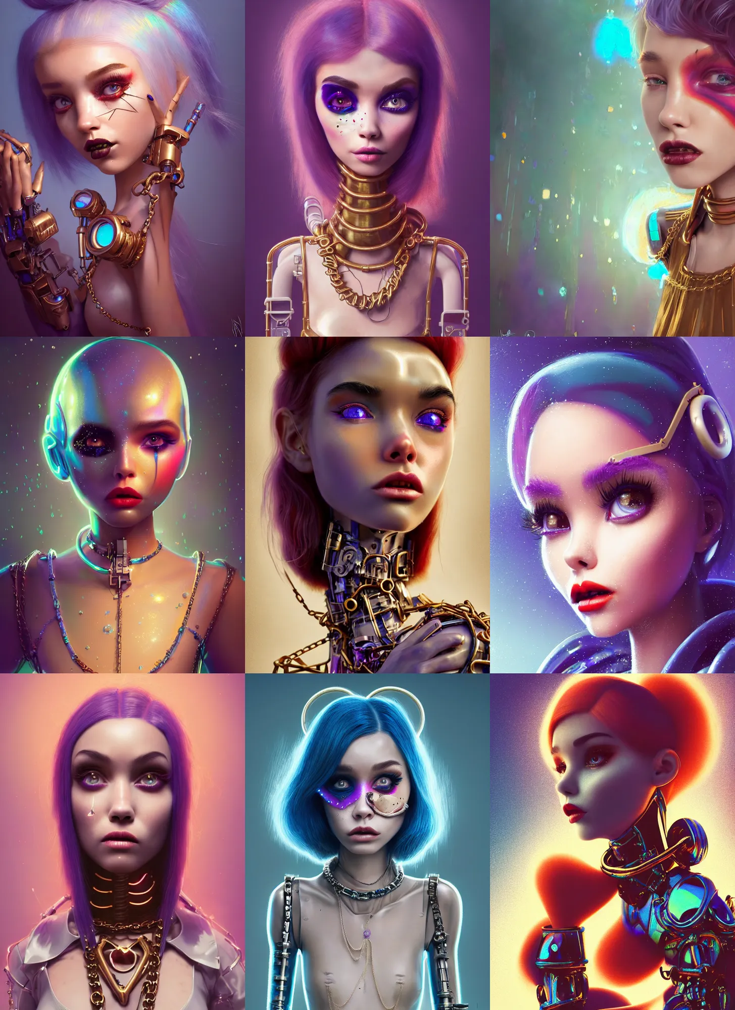 Prompt: disney pixar 8 k photo, lush glossy ivory magnificent iridescent chained emo clowncore prom cyborg madison beer, fashion art, ( golden ratio ), arctic, sci fi, fantasy, cyberpunk, intricate, decadent, highly detailed, digital painting, octane render, artstation, concept art, smooth, sharp focus, illustration, art by loish, wlop