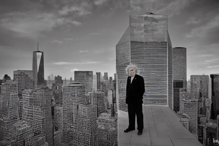 Image similar to 14mm Albert Einstein color portrait photo in World Trade Center complex, by Emmanuel Lubezki