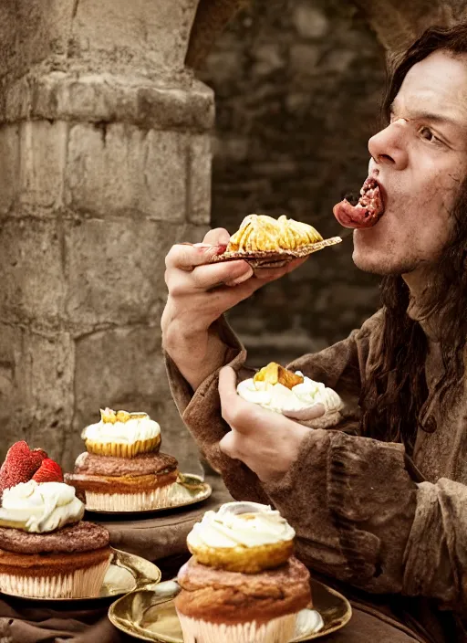 Image similar to closeup portrait of a medieval goblin eating cakes in the cloisters, depth of field, zeiss lens, detailed, symmetrical, centered, fashion photoshoot, by Annie Leibovitz and Steve McCurry, David Lazar, Jimmy Nelsson, Breathtaking, 8k resolution, extremely detailed, beautiful, establishing shot, artistic, hyperrealistic, beautiful face, octane render