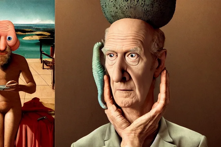 Image similar to hyperrealism aesthetic ridley scott and caravaggio and denis villeneuve style photography of a detailed giant squidward, siting on a detailed ultra huge toilet and scrolling his smartphone in surreal scene from detailed art house movie in style of alejandro jodorowsky and wes anderson