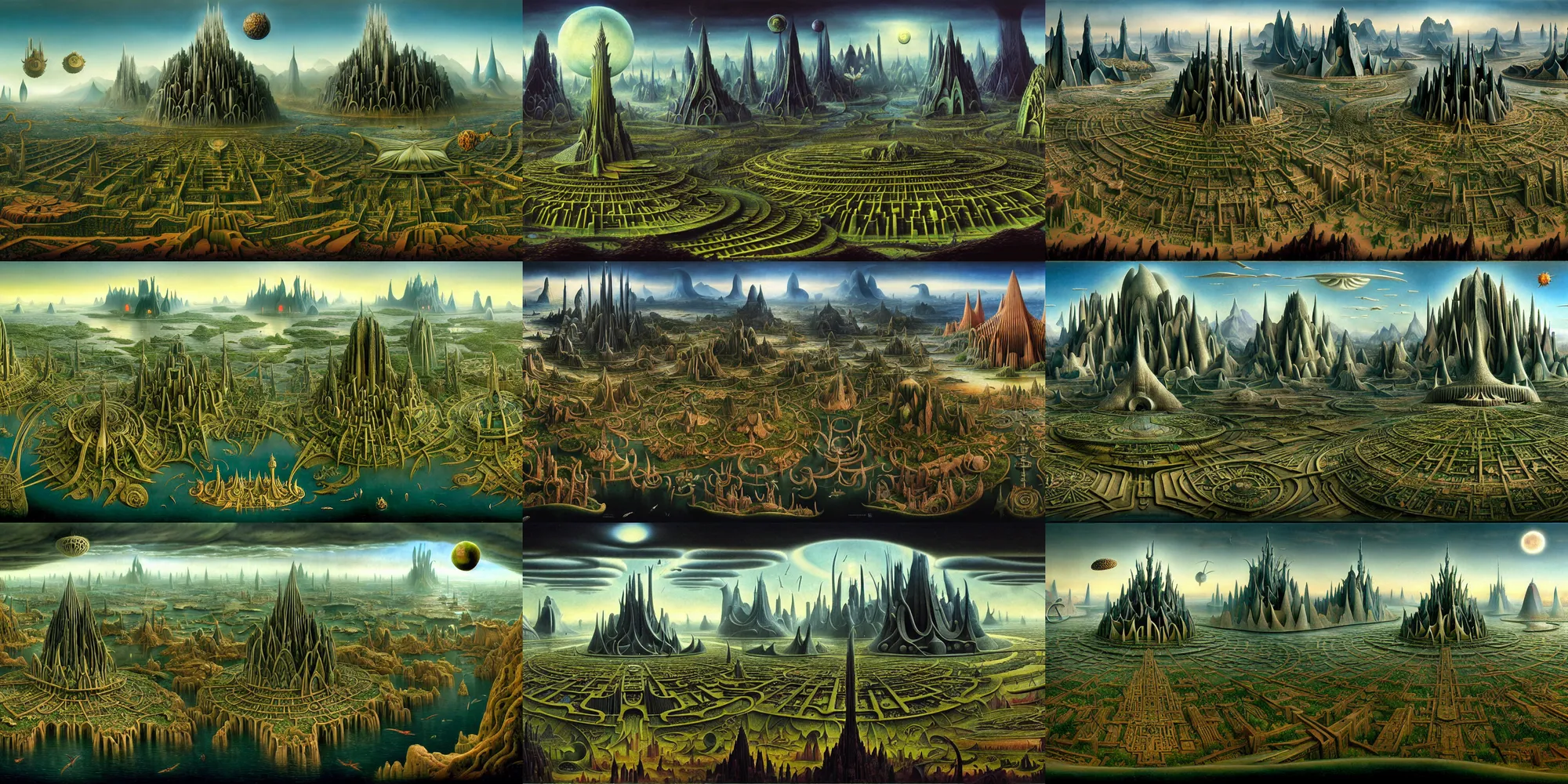 Prompt: a beautiful and insanely detailed matte painting of an advanced sprawling civilization with surreal architecture designed by Heironymous Bosch and Jim Burns, mega structures inspired by Heironymous Bosch's Garden of Earthly Delights, a beautiful and insanely detailed matte painting of an advanced sprawling civilization with surreal architecture designed by Heironymous Bosch and Jim Burns, mega structures inspired by Heironymous Bosch's Garden of Earthly Delights, a beautiful and insanely detailed matte painting of an advanced sprawling civilization with surreal architecture designed by Heironymous Bosch and Jim Burns, mega structures inspired by Heironymous Bosch's Garden of Earthly Delights, vast landscape by Jim Burns and Tyler Edlin, alien sci-fi concept art, by Jim Burns and Tyler Edlin, masterpiece!!, grand!, imaginative!!!, whimsical!!, epic scale, intricate details, sense of awe, elite