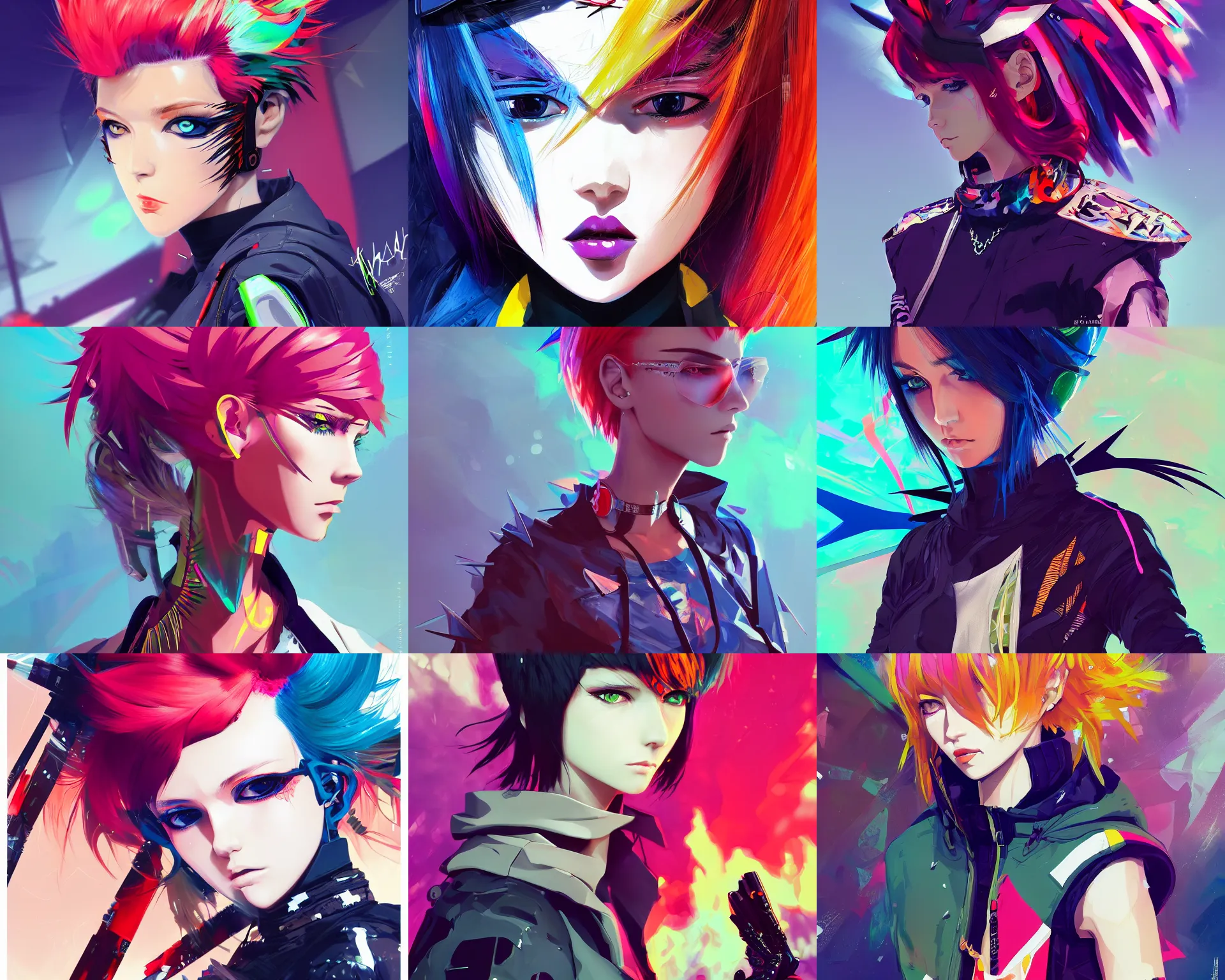 Image similar to poster woman with futuristic streetwear and spiky hair, colourful, pretty face, intricate eyes, elegant, Anime by Kuvshinov Ilya, Cushart Krentz and Gilleard James, 4k, HDR, Behance Trending on artstation, award winning