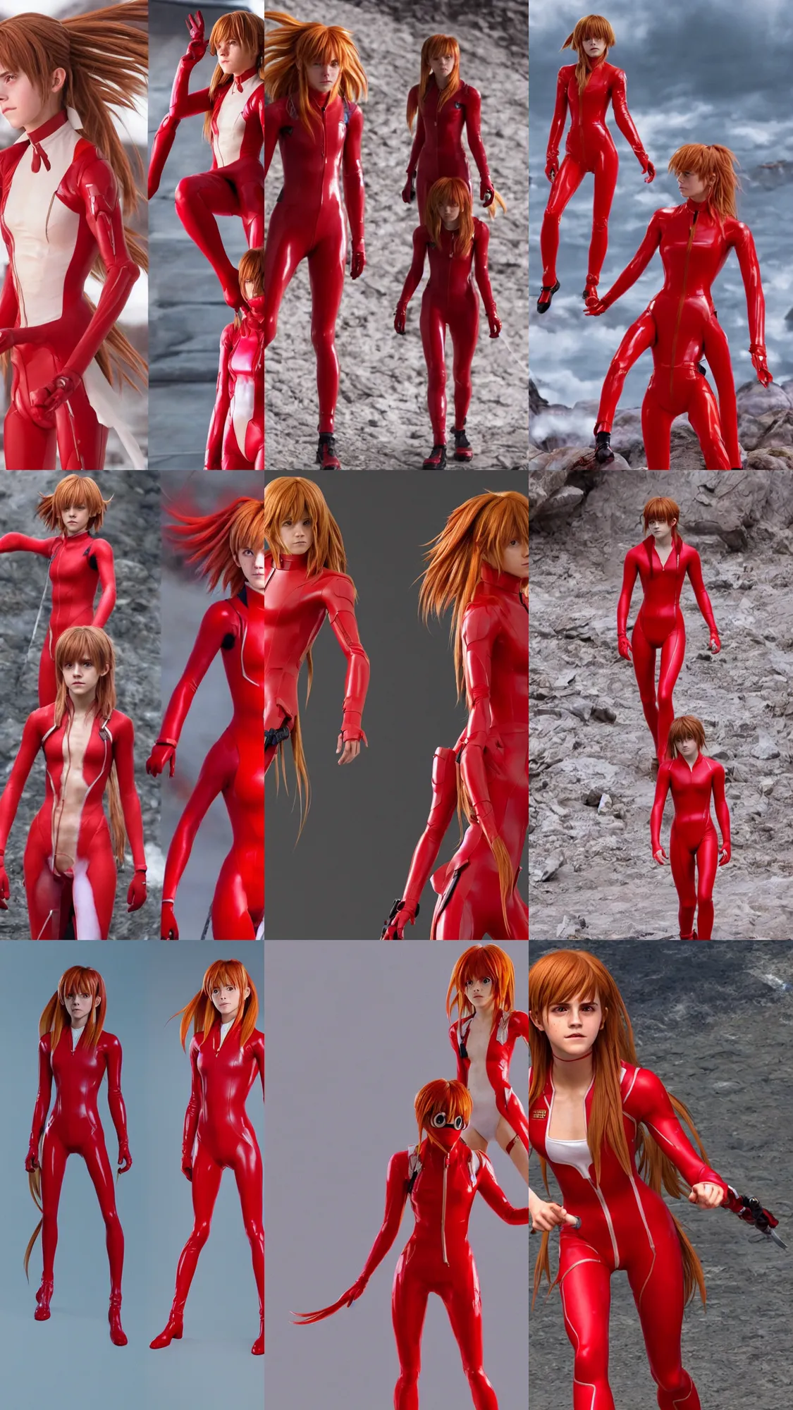 Prompt: Emma Watson cosplaying as Asuka Langley alone in her signature red plugsuit, cinematic 4K blu-ray render, japanese live-action movie