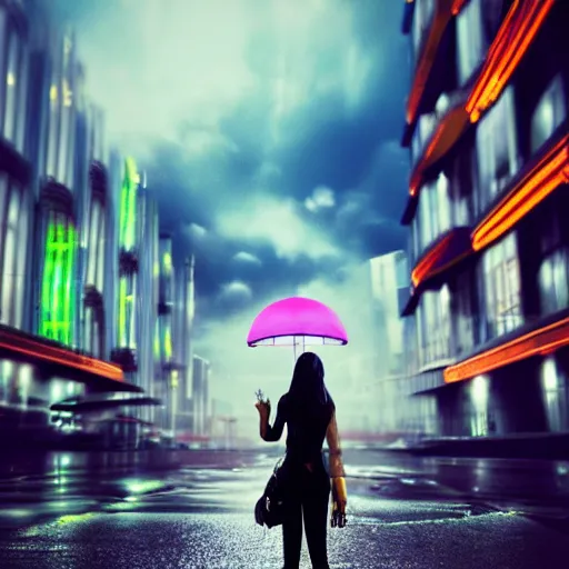 Image similar to dark neon city urban rainy low angle a single female in the center of the frame looking to the cloudy sky futuristic environment flying cars highly realistic