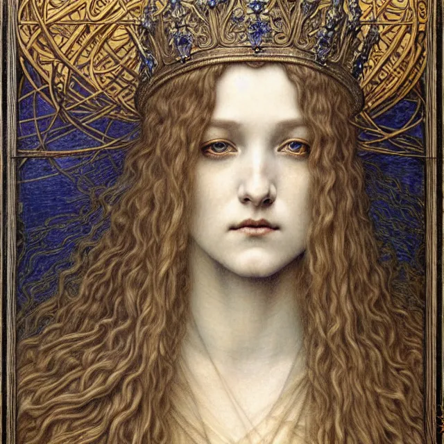 Image similar to detailed realistic beautiful young medieval queen face portrait by jean delville, gustave dore and marco mazzoni, art nouveau, symbolist, visionary, gothic, pre - raphaelite. horizontal symmetry