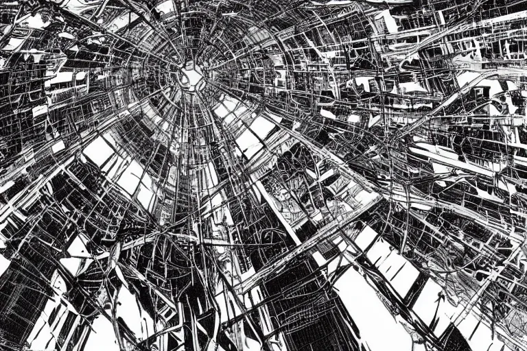 Image similar to vast technological world, gigantic megastructure, haphazard architecture, largely devoid of life, by Tsutomu Nihei