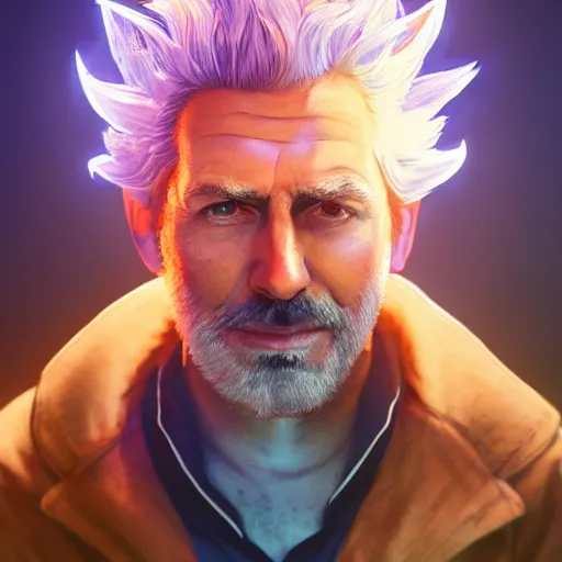 Image similar to portrait art of rick sanchez, spikey hair, white lab coat, lens flare, atmosphere, glow, detailed, intricate, full of colour, cinematic lighting, trending on artstation, 4 k, hyperrealistic, focused, extreme details, unreal engine 5, cinematic, masterpiece