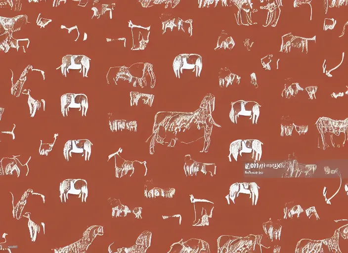 Image similar to painted pattern which figures of ancient hunters mammoths and vw buses siluets, rock cave painting, red ocher, finger painting