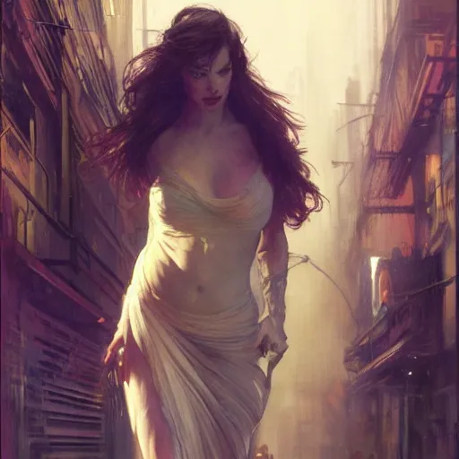 Prompt: ann hathaway, hyperrealistic full figure, bladerunner street alley, art of elysium by frank frazetta and by jeremy mann and by alphonse mucha, fantasy art, photo realistic, dynamic lighting, artstation, full figure poster, volumetric lighting, very detailed face, 4 k, award winning