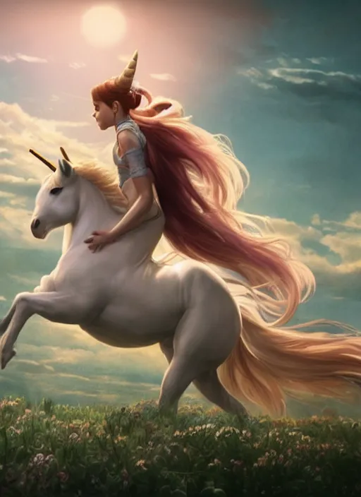 Image similar to ariana grande riding a unicorn, cinematic shot, 8 k, art by artgerm and greg rutkowski and alphonse mucha, movie screenshot