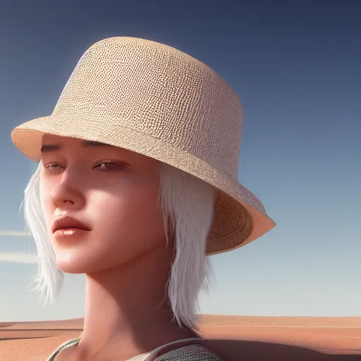 Image similar to a blind girl with white hair wearing a straw hat in the desert, digital art, 8 k resolution, unreal engine, highly detailed, pretty face, very beautiful face, feminine face, very detailed eyes, photorealistic by wlop, greg rutkowski