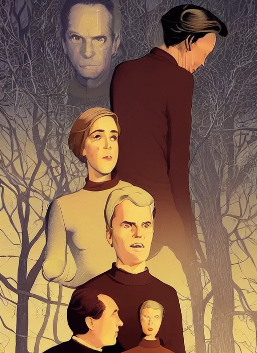 Prompt: poster artwork by Michael Whelan and Tomer Hanuka, Karol Bak of Kiernan Shipka wearing a turtleneck and lab coat meeting Alan Turing outside her apartment, from scene from Twin Peaks, clean