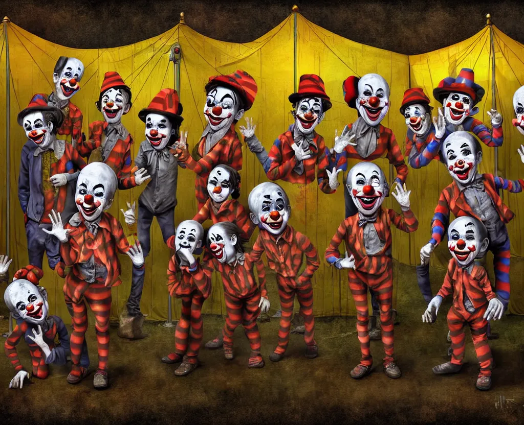 Prompt: dirty - looking clowns with unseemly intentions lining up at the entrance to a suspicious circus tent, disturbing digital painting, high detail